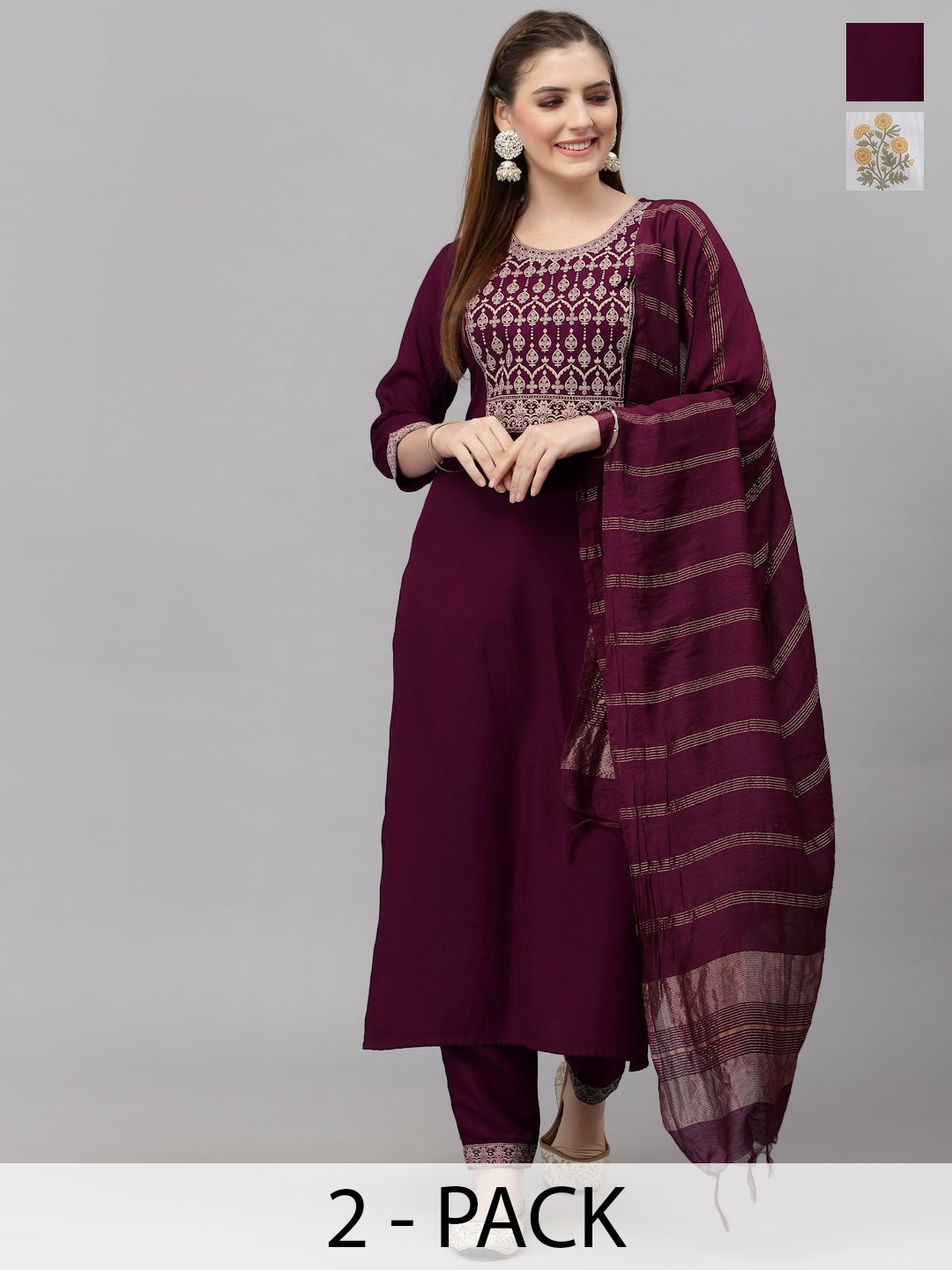 

KALINI Pack Of 2 Floral Embroidered Sequinned Straight Kurta With Trousers & Dupatta, Burgundy
