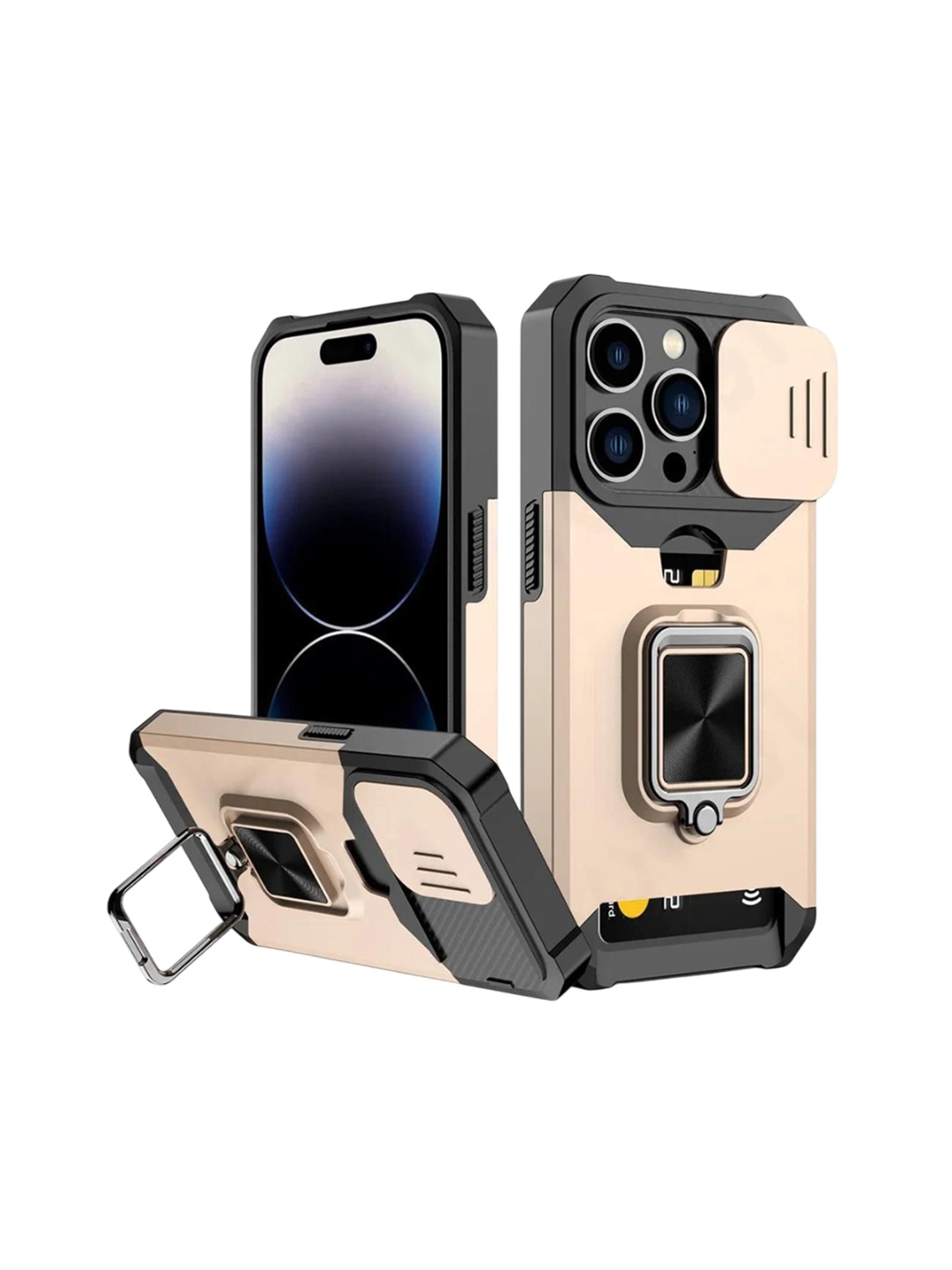 

Luxury Kase LK177 Camera Slide Protection Ring Magnetic Kickstand iPhone 13 Pro Back Case, Gold