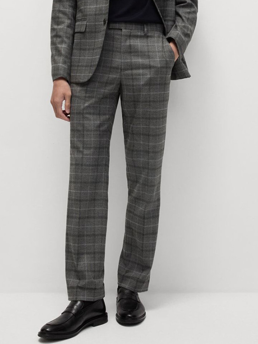 

Marks & Spencer Men Checked Regular Fit Mid-Rise Formal Trousers, Grey