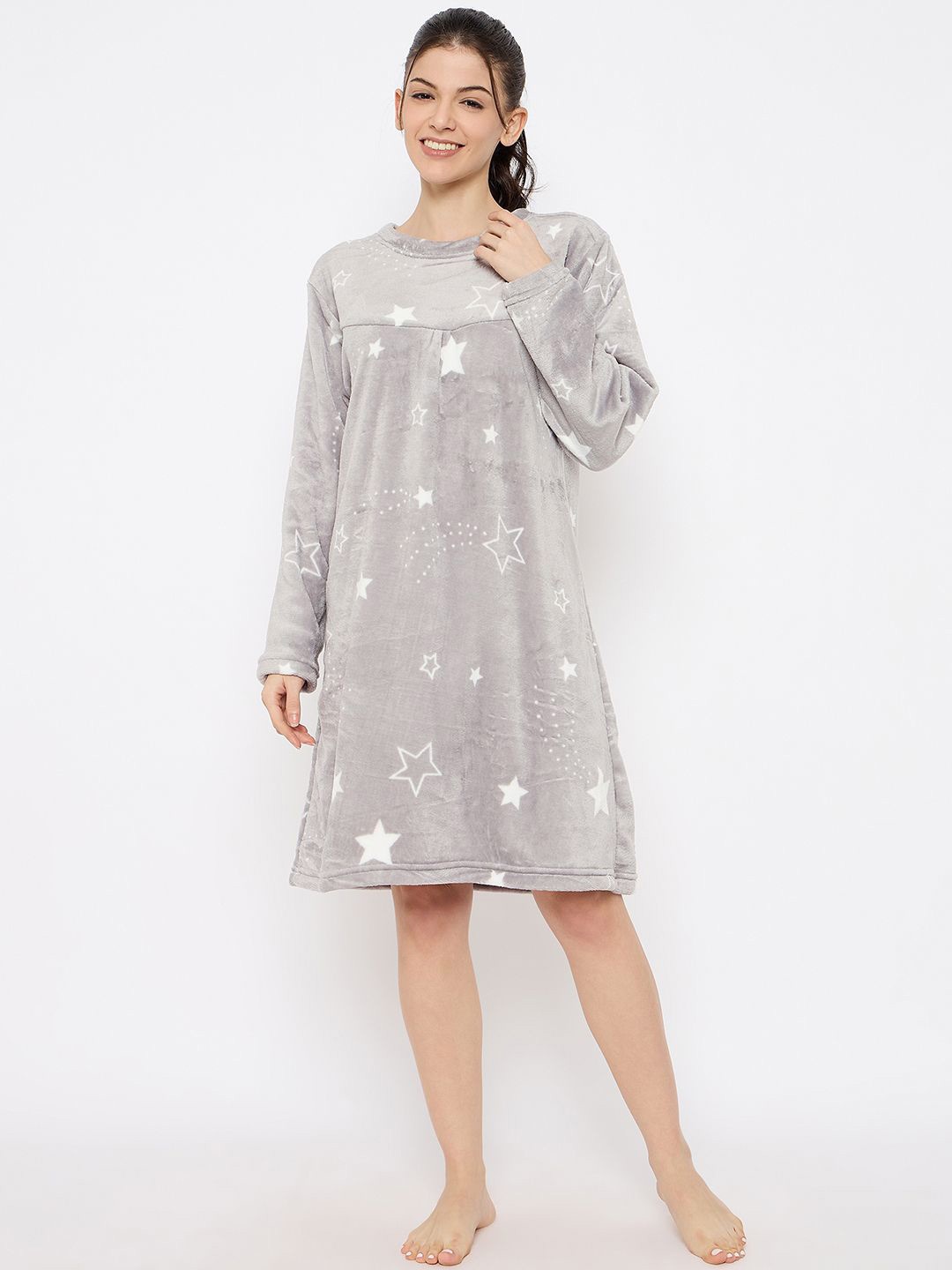 

Camey Women Stars Printed Nightdress, Grey