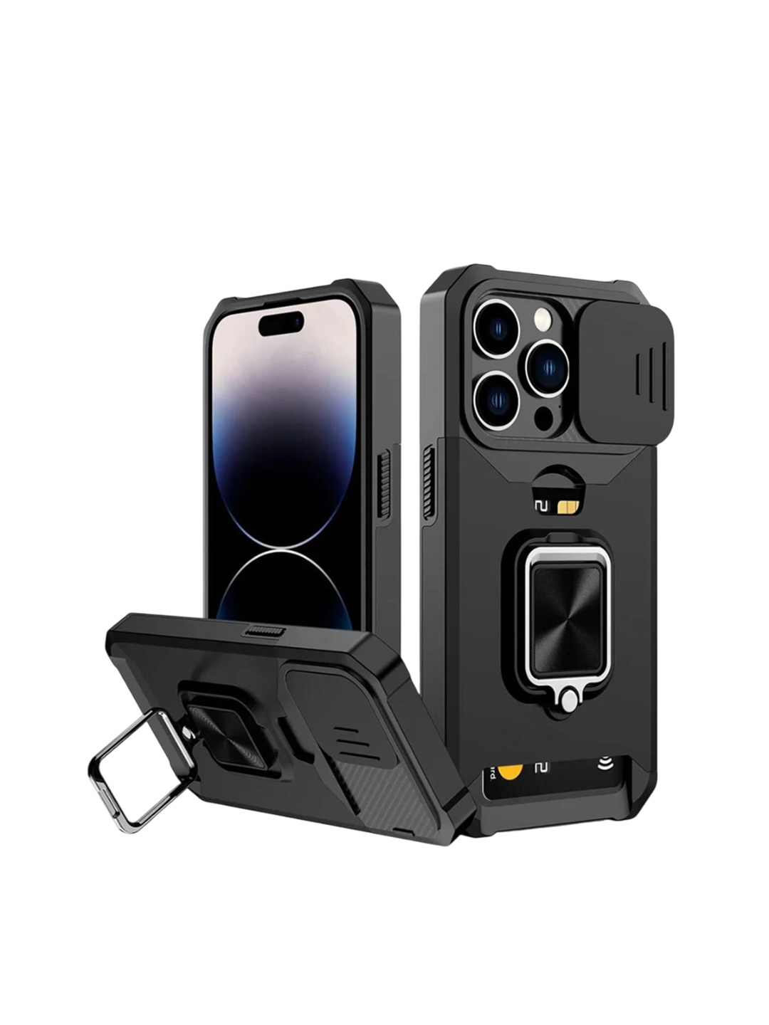 

Luxury Kase LK177 Camera Slide Protection Card Holder Kickstand iPhone 13 Pro Back Case, Black