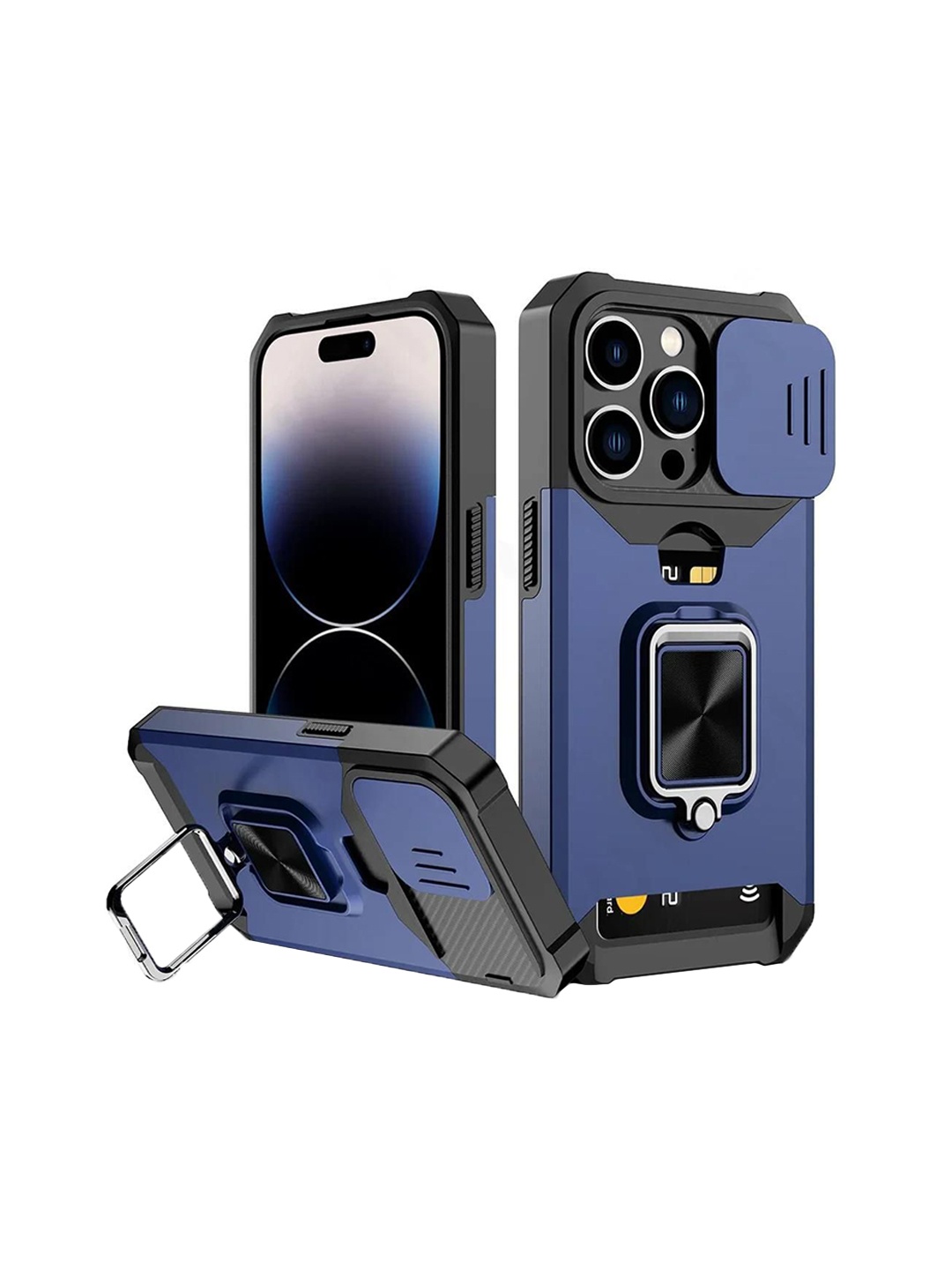 

Luxury Kase LK177 Camera Slide Protection Ring Magnetic Kickstand iPhone 16 Pro Back Case, Navy blue