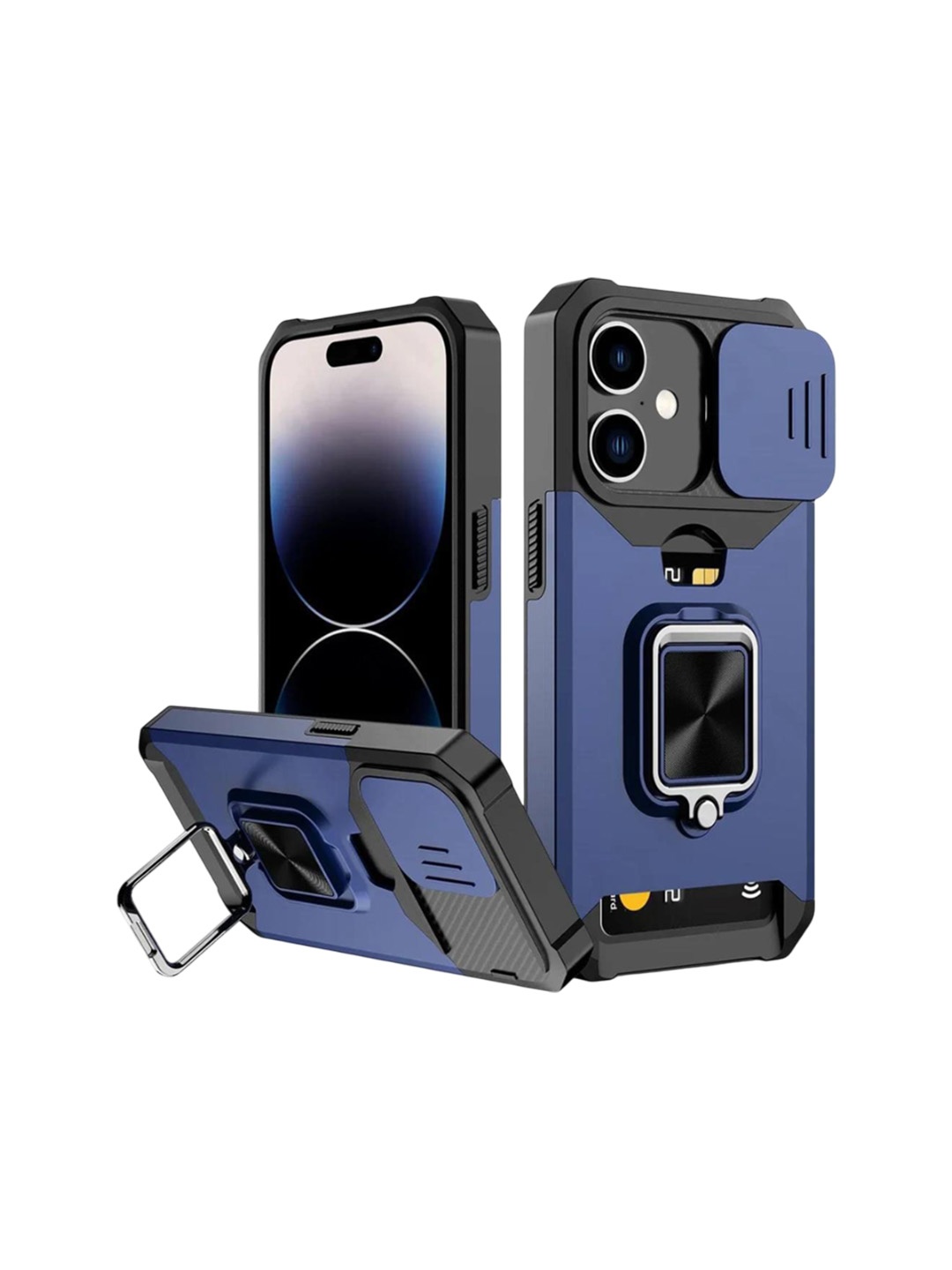 

Luxury Kase LK177 Camera Slide Protection Ring Magnetic Kickstand iPhone 16 Back Case, Navy blue