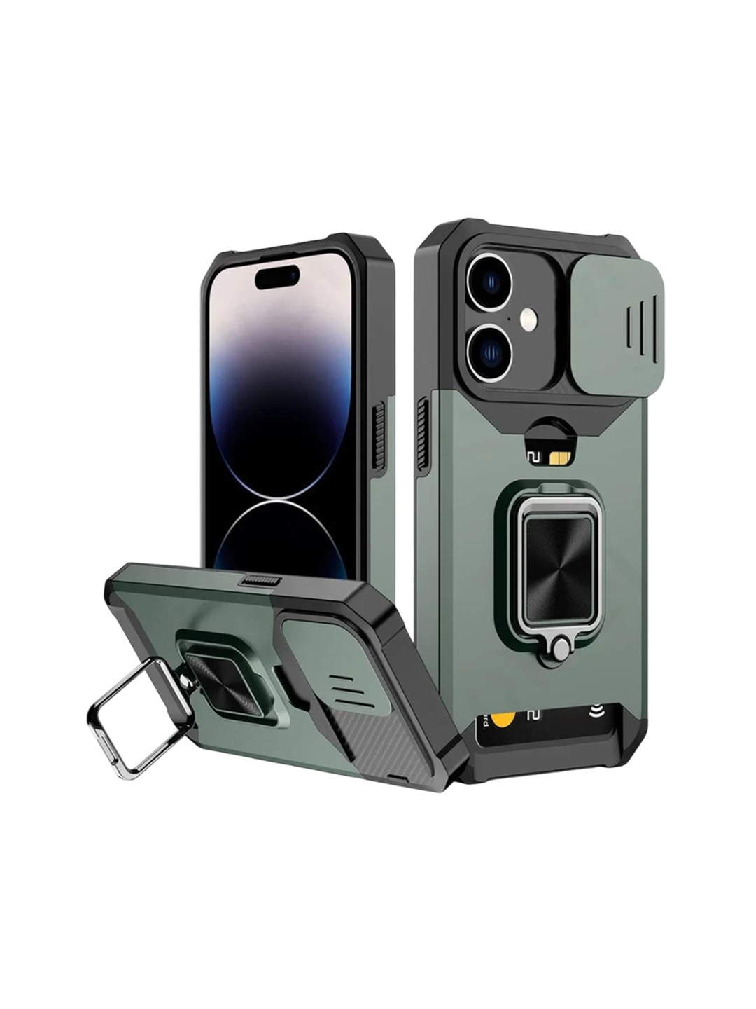 

Luxury Kase LK177 Camera Slide Protection Card Holder Kickstand iPhone 16 Plus Back Case, Green