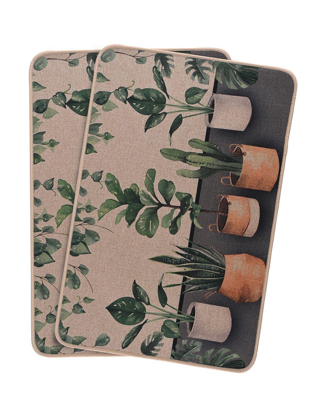 

Kuber Industries Brown & Green 2 Pieces Plant Printed Doormats