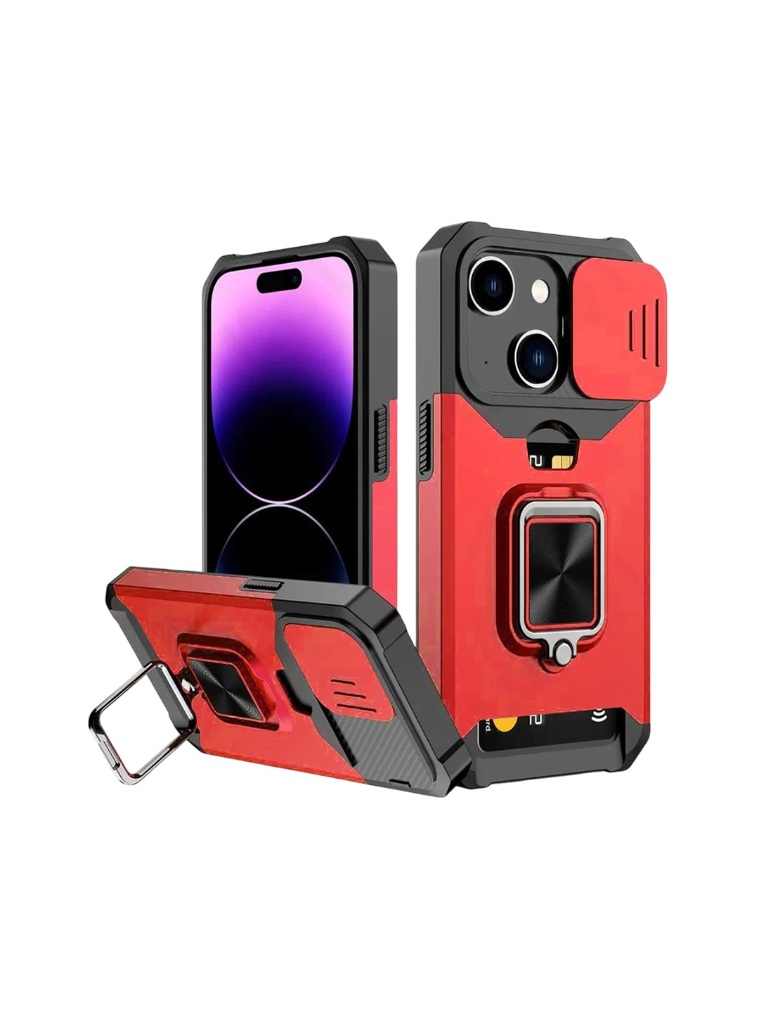 

Luxury Kase LK177 Camera Slide Protection Ring Magnetic Kickstand iPhone 13 Back Case, Red