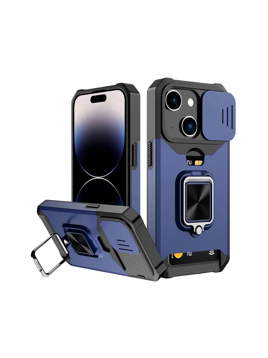 

Luxury Kase LK177 Camera Slide Protection Ring Magnetic Kickstand iPhone 14 Back Case, Navy blue