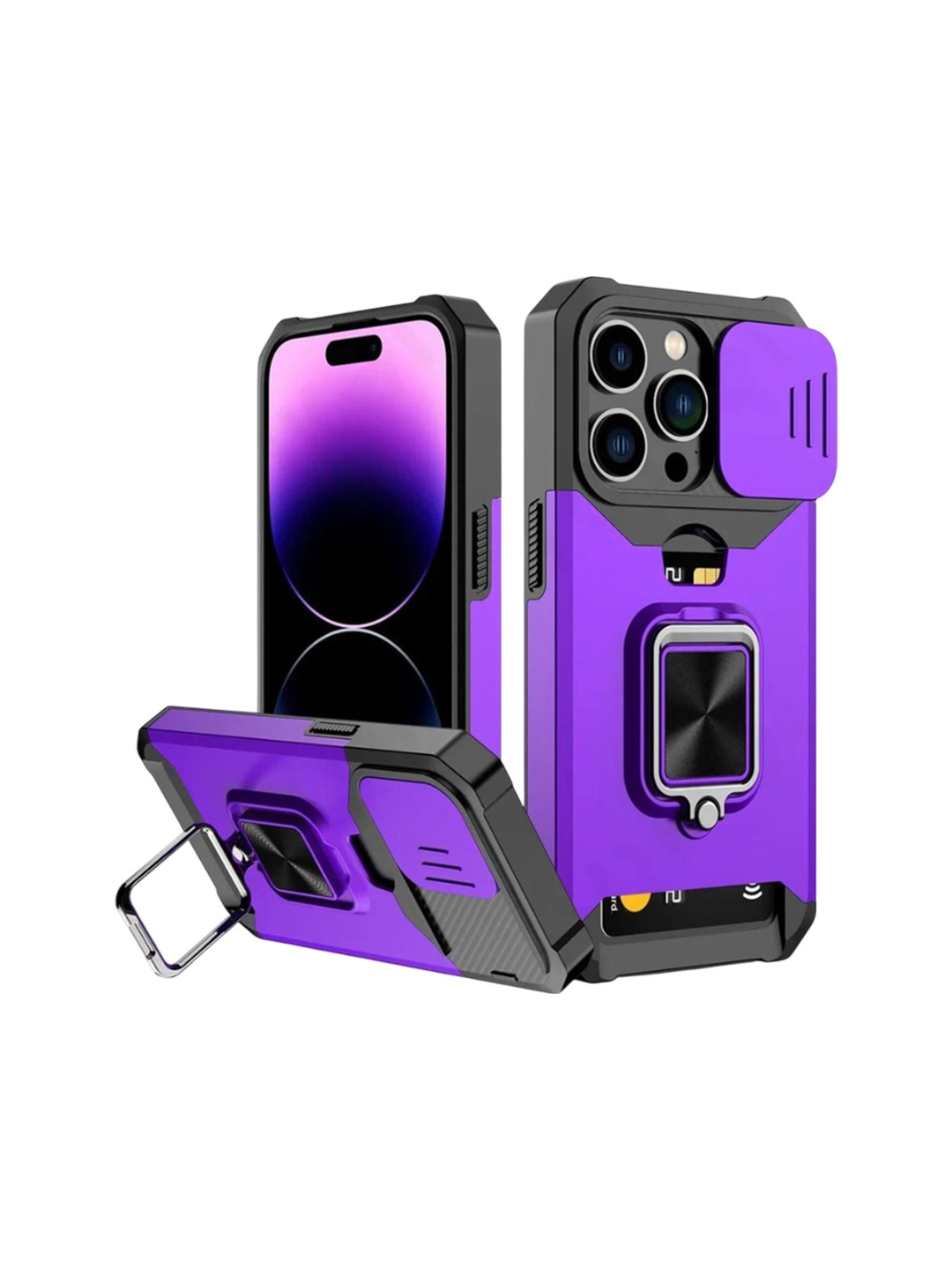 

Luxury Kase LK177 Camera Slide Protection Ring Magnetic Kickstand iPhone 15 Pro Back Case, Purple