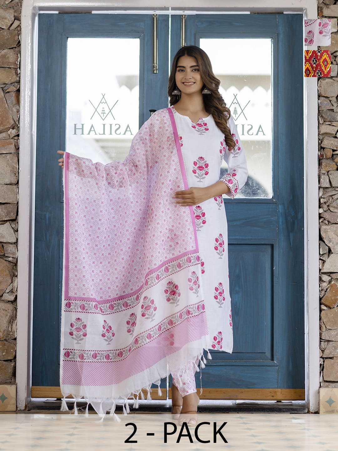 

KALINI Selection Of 2 Ethnic Motifs Notch Neck Straight Kurtas With Trousers & Dupattas, Red