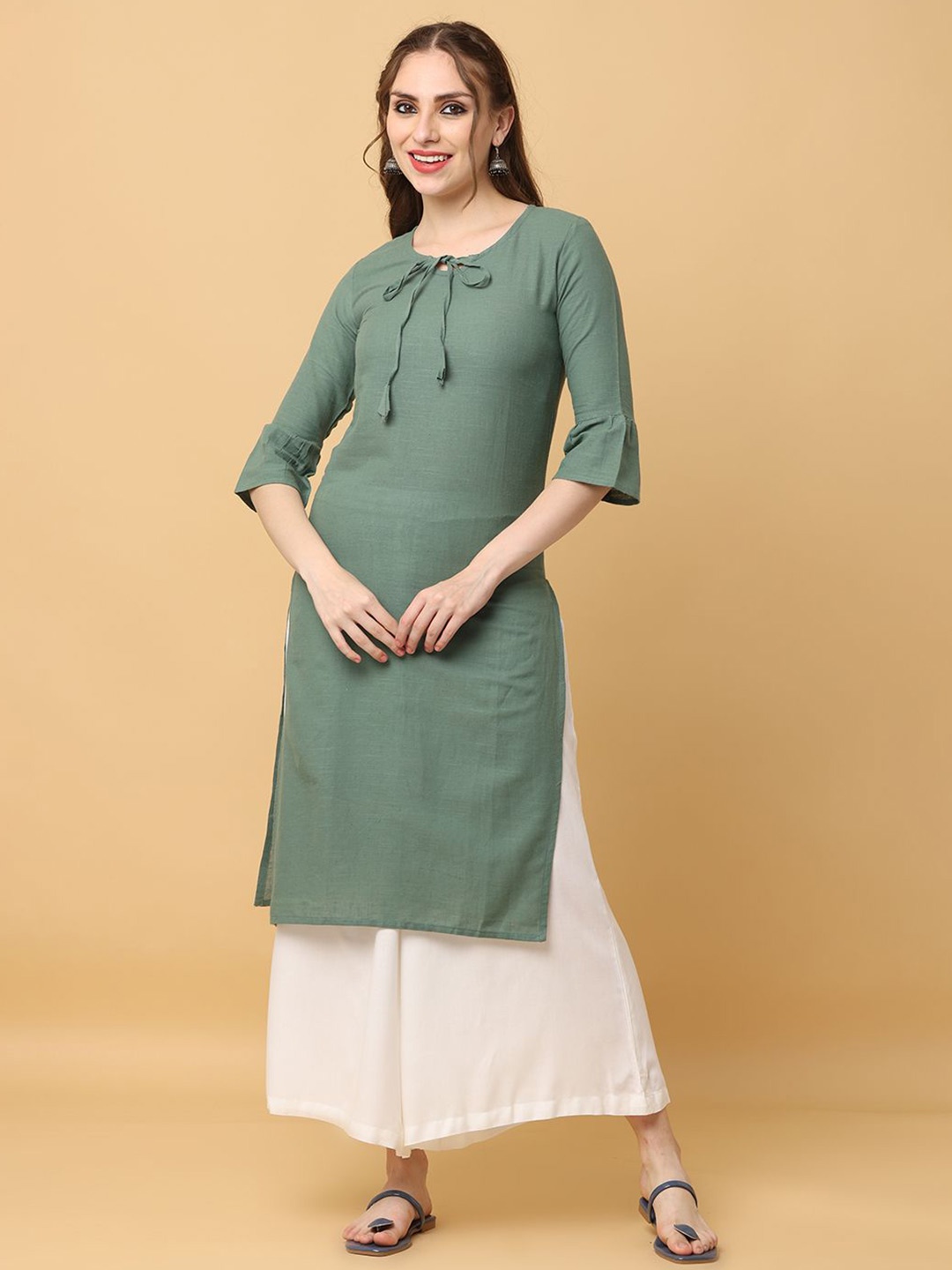 

AAYUMI Women Round Neck Pure Cotton Kurti, Green