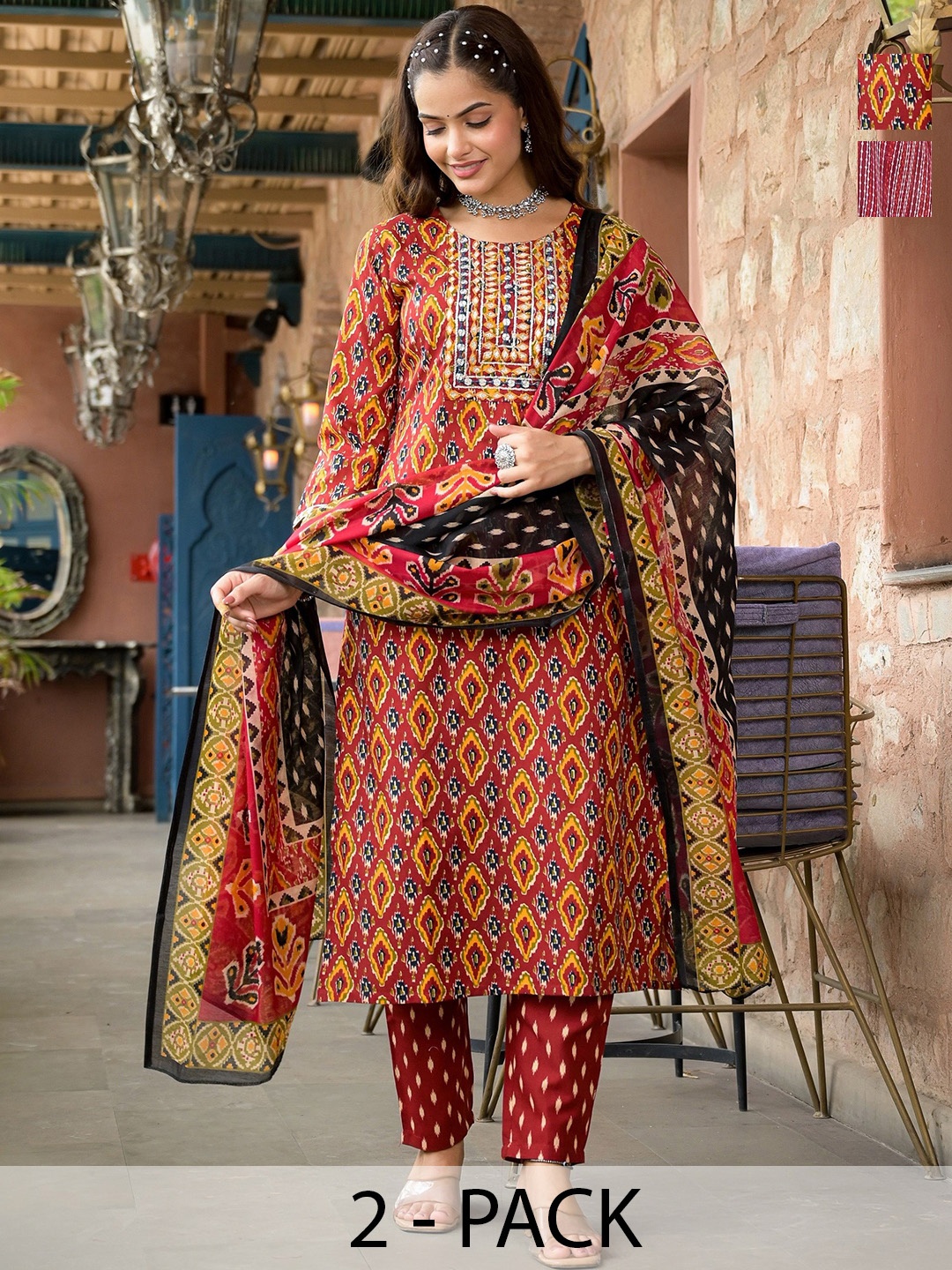 

KALINI Selection Of 2 Ethnic Motifs Printed Straight Kurtas With Trousers & Dupatta, Red