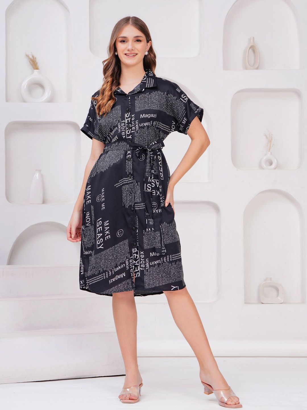 

BAESD Women Typography Printed Fit & Flare Midi Dress, Black