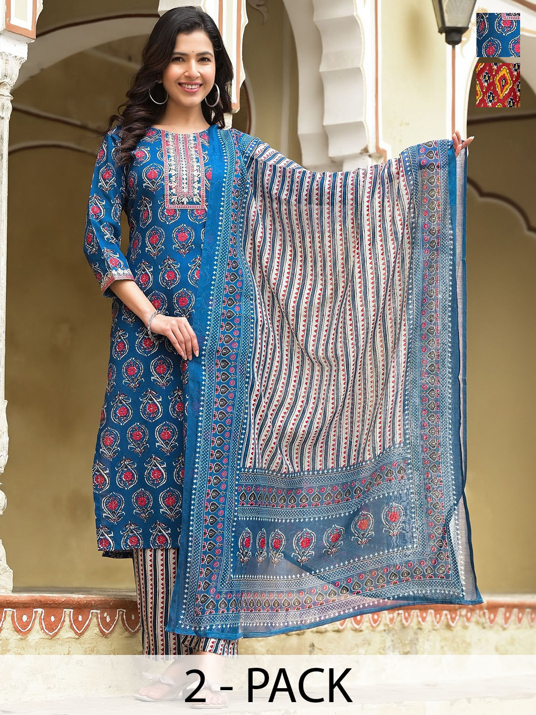 

KALINI Selection Of 2 Ethnic Motifs Printed Straight Kurtas With Trousers & Dupattas, Red