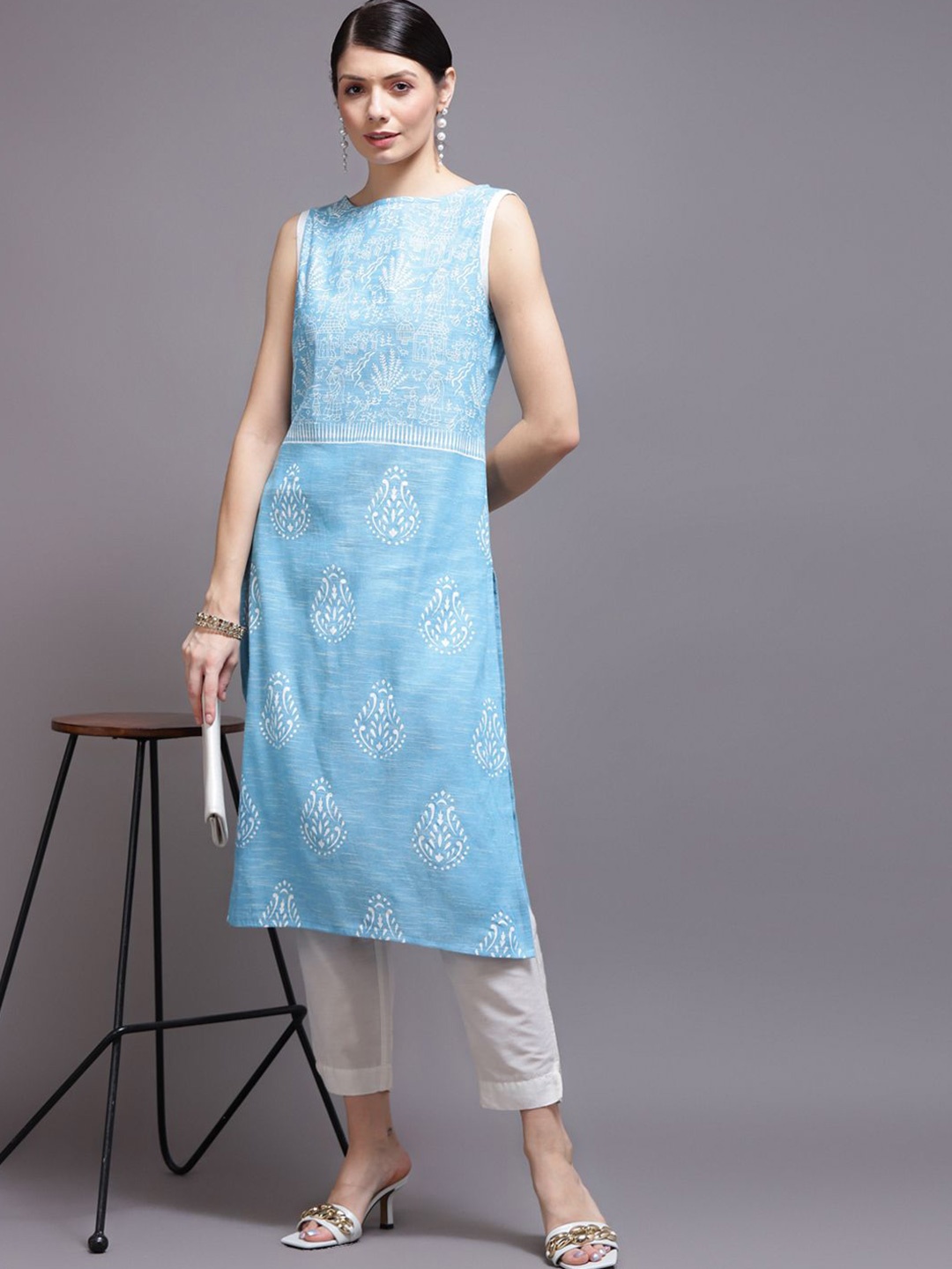 

AAYUMI Ethnic Motifs Printed Pure Cotton Kurta, Blue