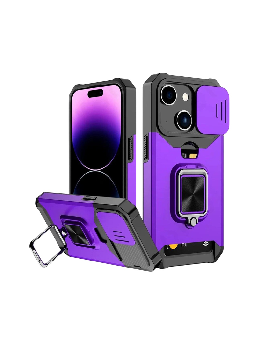 

Luxury Kase LK177 Camera Slide Protection Ring Magnetic Kickstand iPhone 15 Back Case, Purple