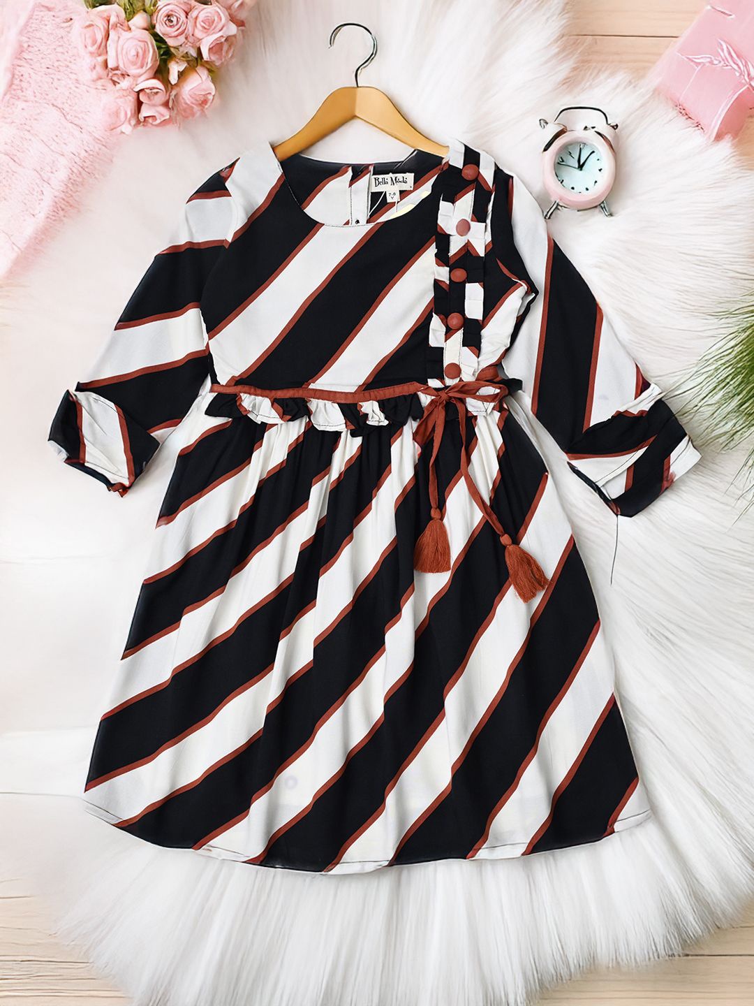 

Bella Moda Girls Striped Cotton Fit & Flare Dress, Black