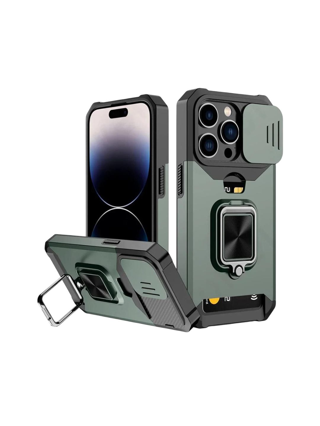 

Luxury Kase LK177 Camera Slide Protection Ring Magnetic Kickstand iPhone 16 Pro Back Case, Green