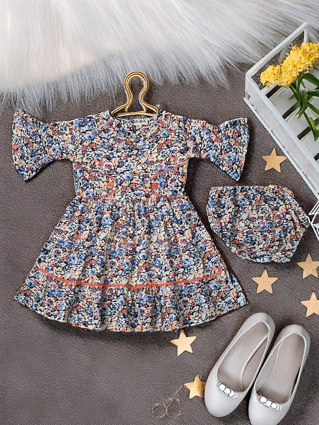 

Bella Moda Girls Floral Printed Cotton Fit & Flare Dress With Bloomer, Blue