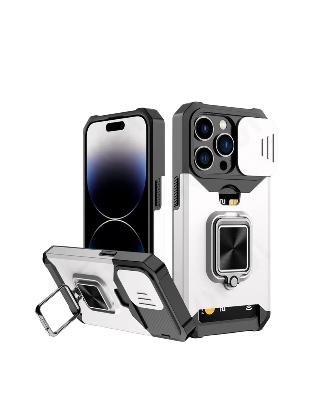 

Luxury Kase LK177 Camera Slide Protection Ring Magnetic Kickstand iPhone 16 Pro Back Case, White