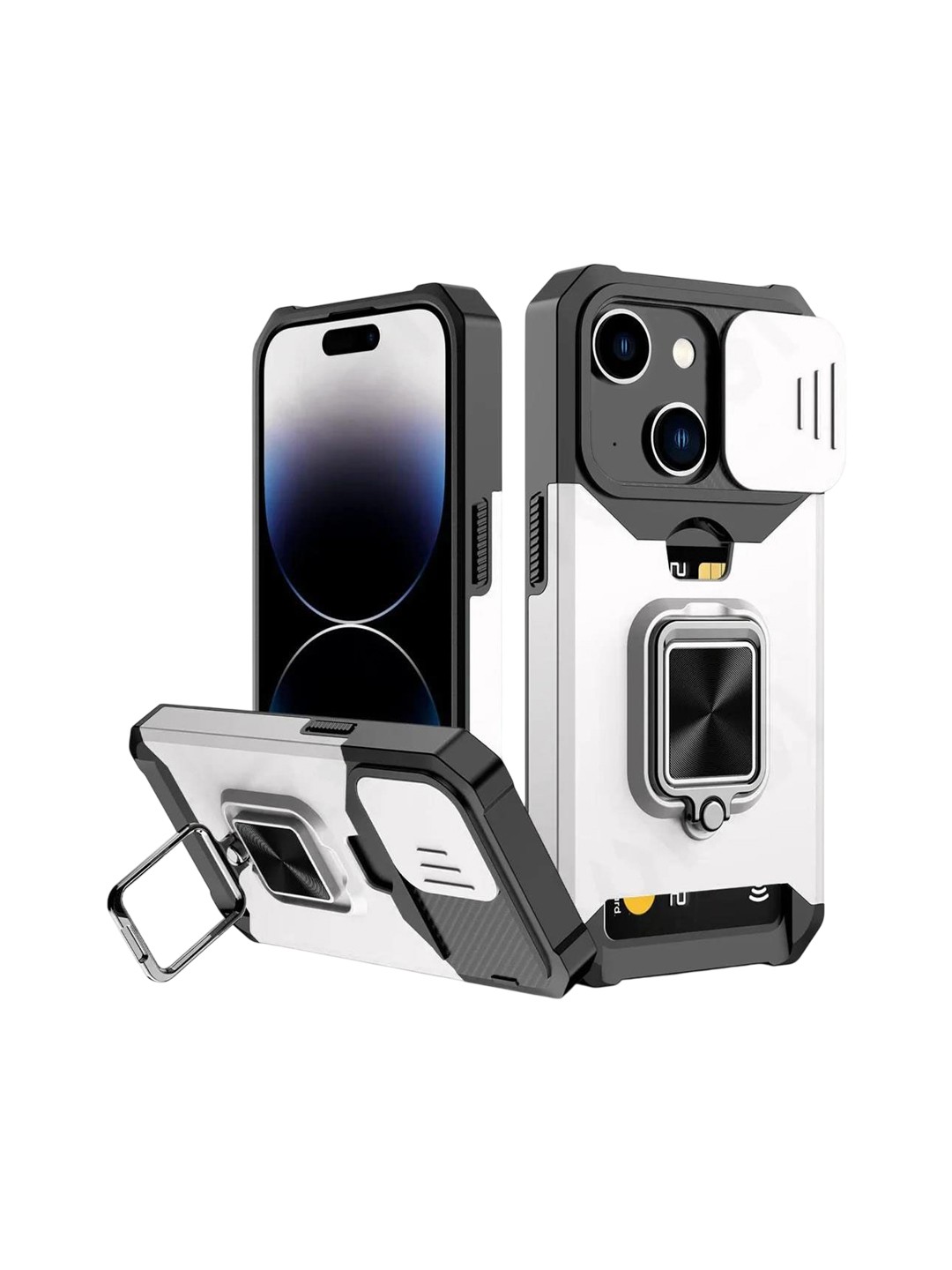 

Luxury Kase LK177 Camera Slide Protection Ring Magnetic Kickstand iPhone 15 Plus Back Case, White