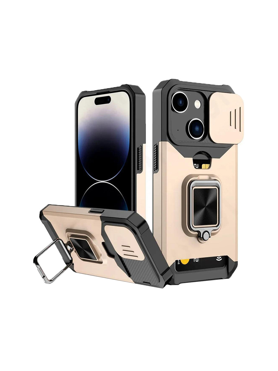 

Luxury Kase LK177 Camera Slide Protection Card Holder Kickstand Solid iPhone 14 Back Case, Gold