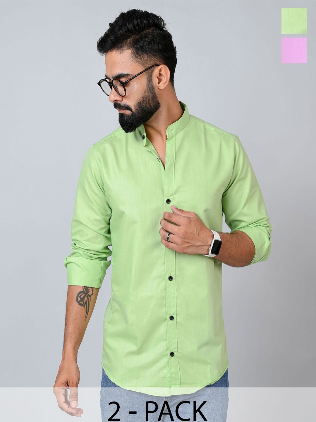 

Tanip Men Pack Of 2 Band Collar Solid Cotton Casual Shirts, Green