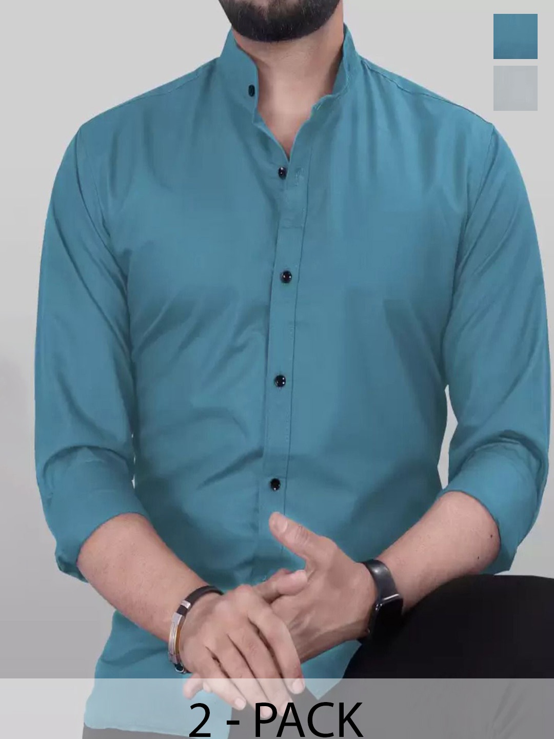 

Tanip Men Pack Of 2 Band Collar Solid Cotton Casual Shirts, Teal