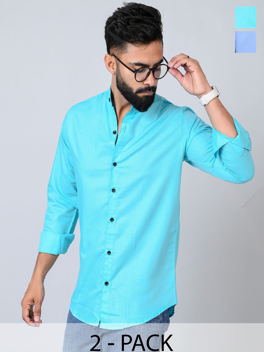 

Tanip Men Pack Of 2 Band Collar Solid Cotton Casual Shirts, Turquoise blue