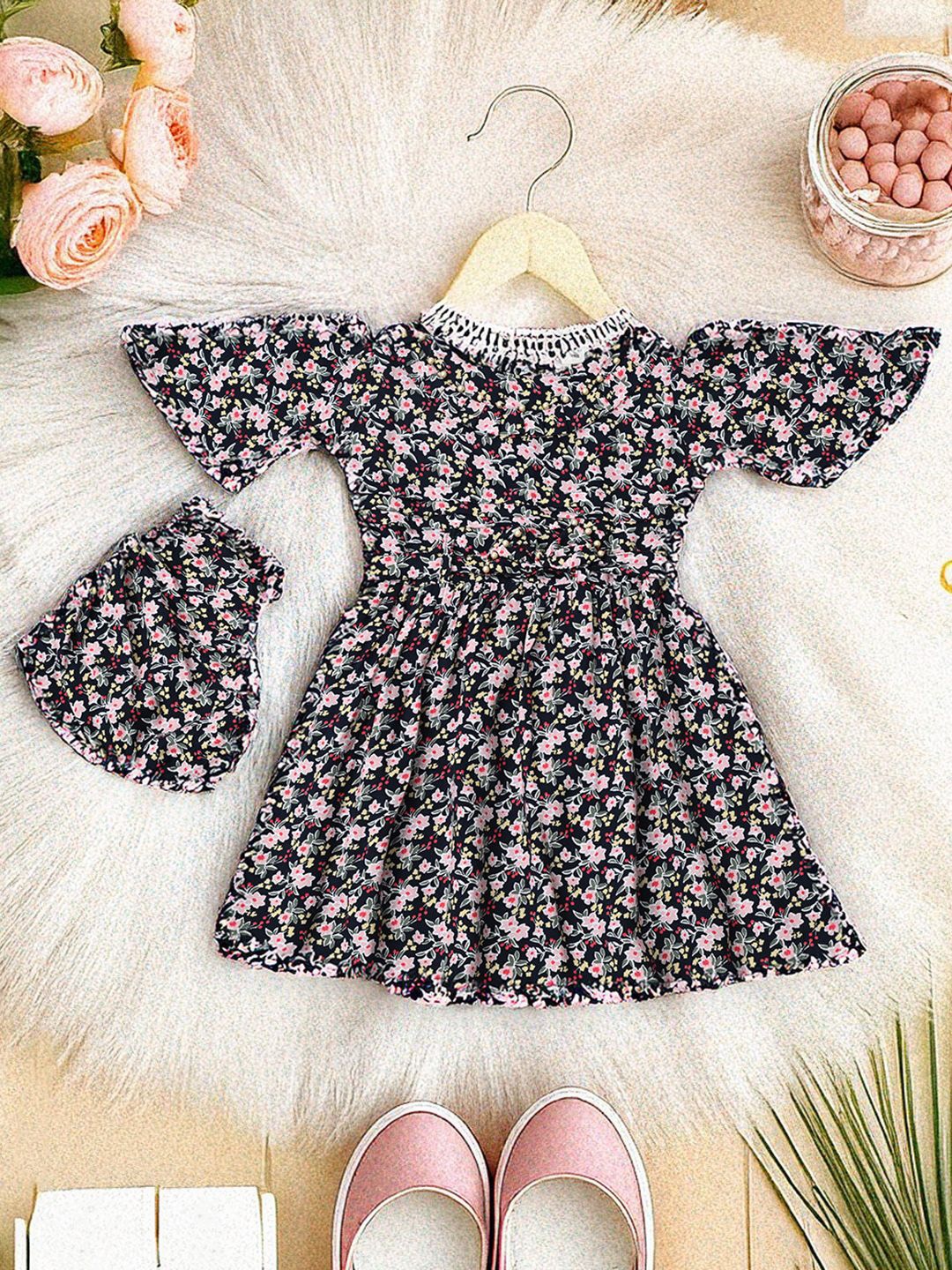 

Bella Moda Girls Floral Printed Cotton Fit & Flare Dress With bloomer, Black