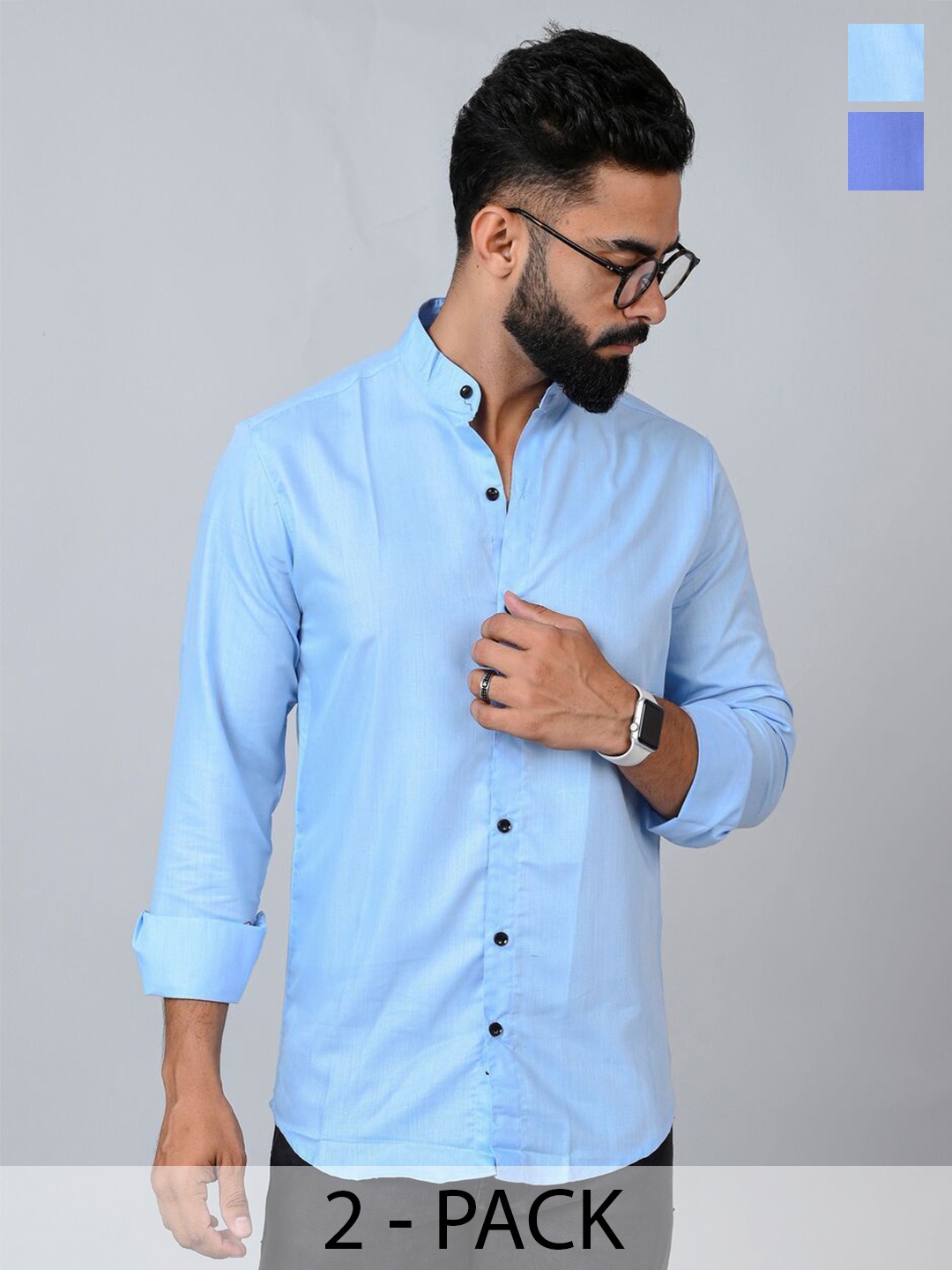 

Tanip Men Pack Of 2 Band Collar Solid Cotton Casual Shirts, Blue