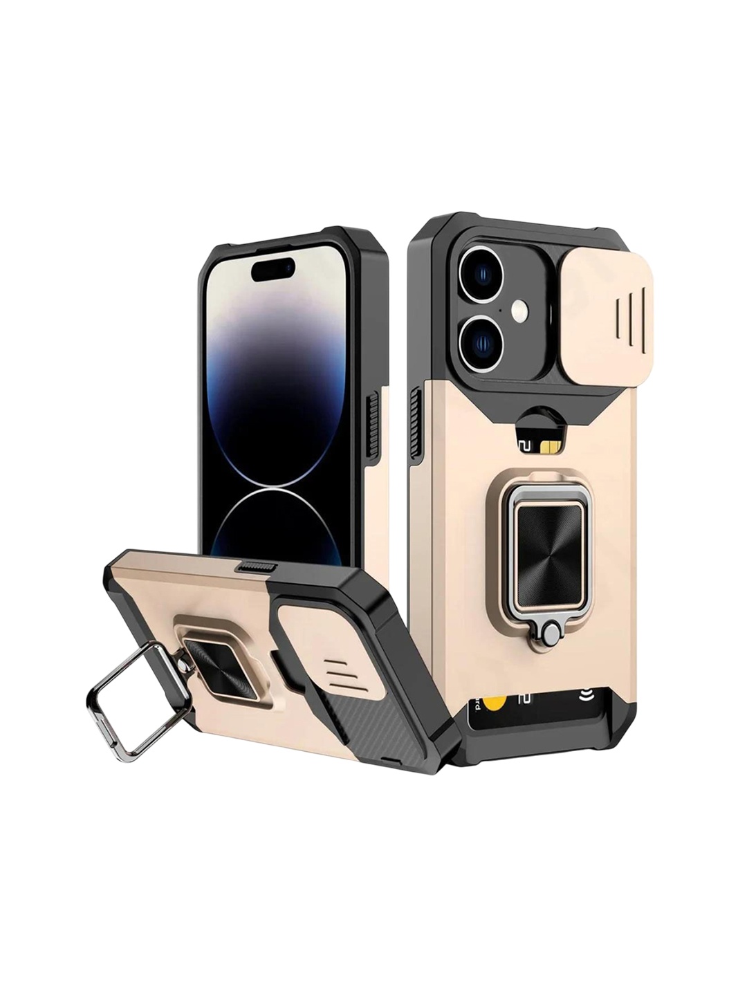 

Luxury Kase LK177 Camera Slide Protection Card Holder Kickstand Solid iPhone 16 Back Case, Gold