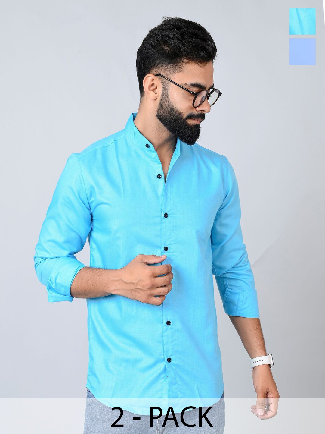 

Tanip Men Pack Of 2 Band Collar Solid Cotton Casual Shirts, Turquoise blue