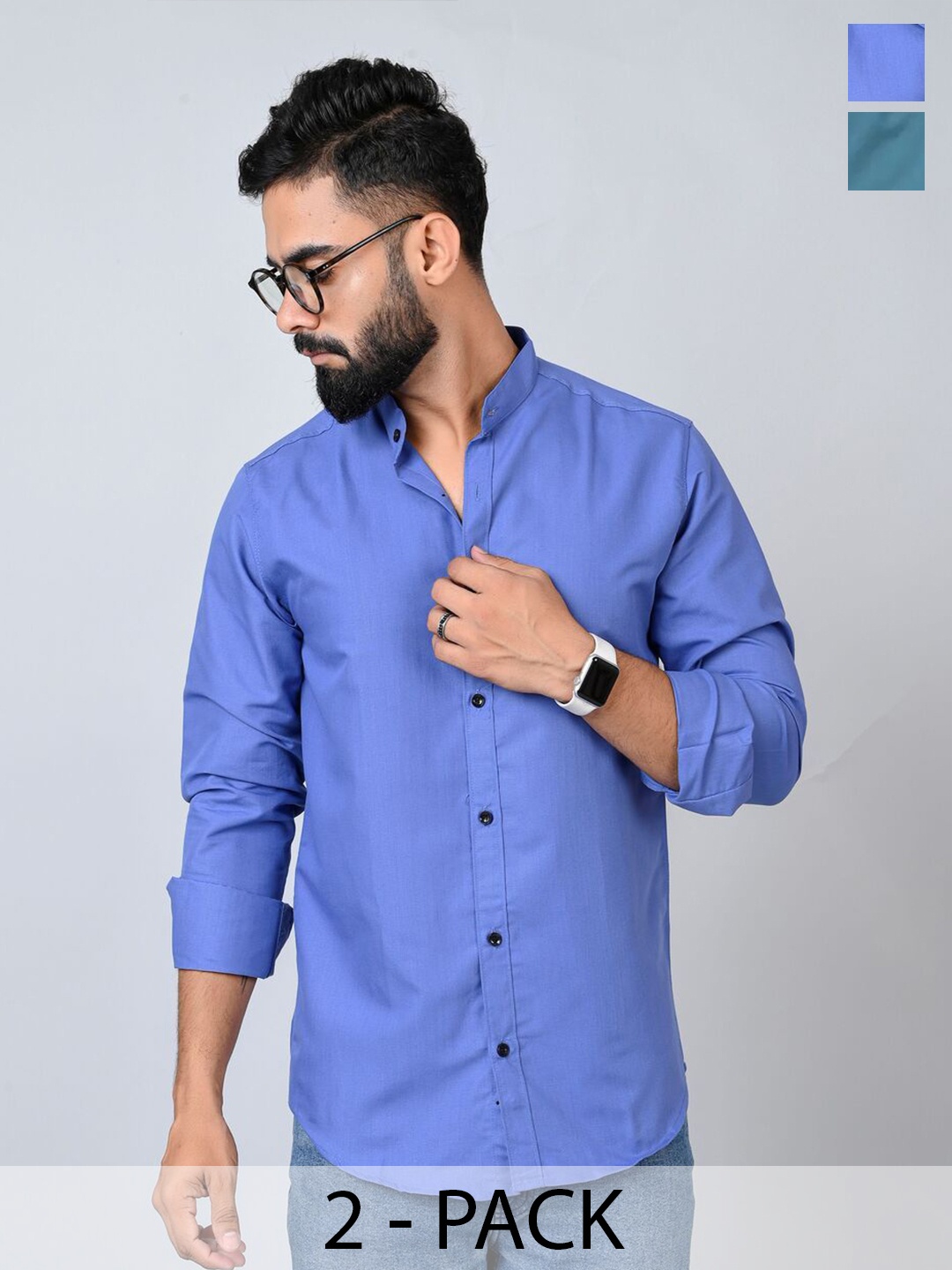 

Tanip Men Pack Of 2 Band Collar Solid Cotton Casual Shirts, Blue