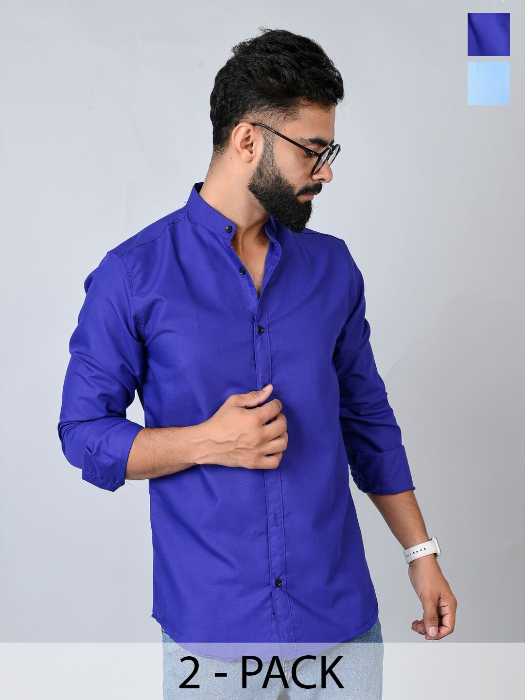 

Tanip Men Pack Of 2 Band Collar Solid Cotton Casual Shirts, Blue