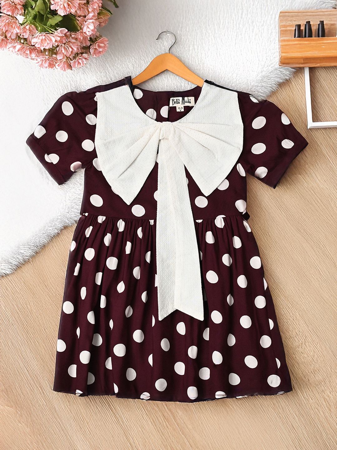 

Bella Moda Girls Polka Dot Printed Bow Detail Fit & Flare Dress, Maroon