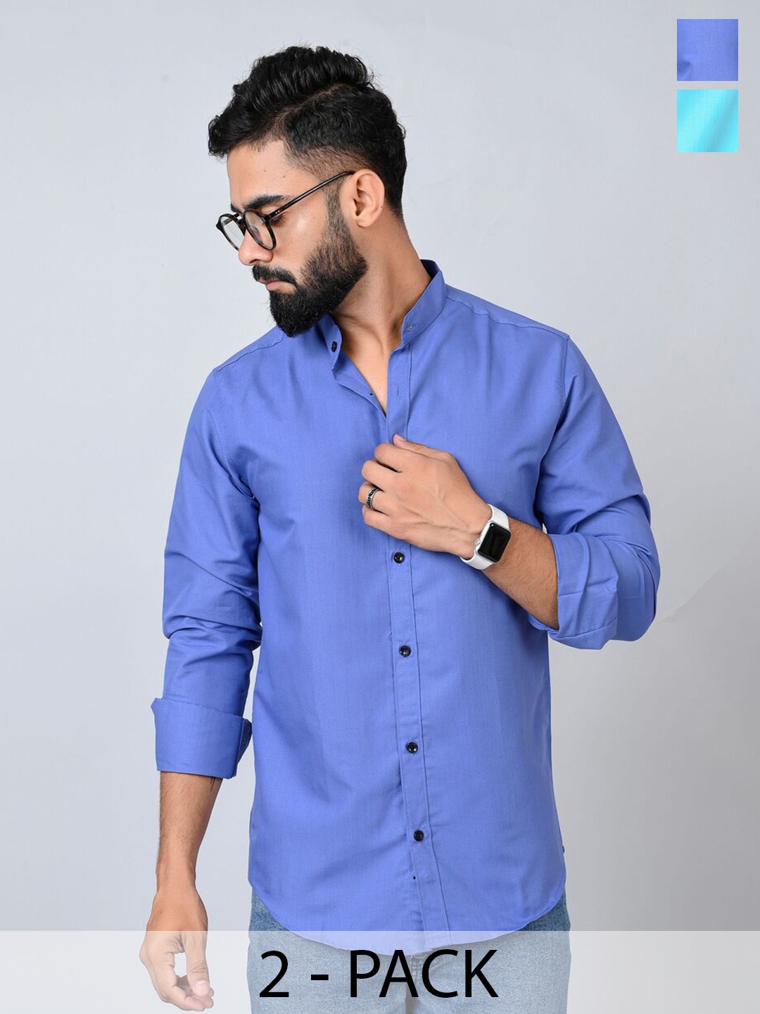

Tanip Men Pack Of 2 Band Collar Solid Cotton Casual Shirts, Blue