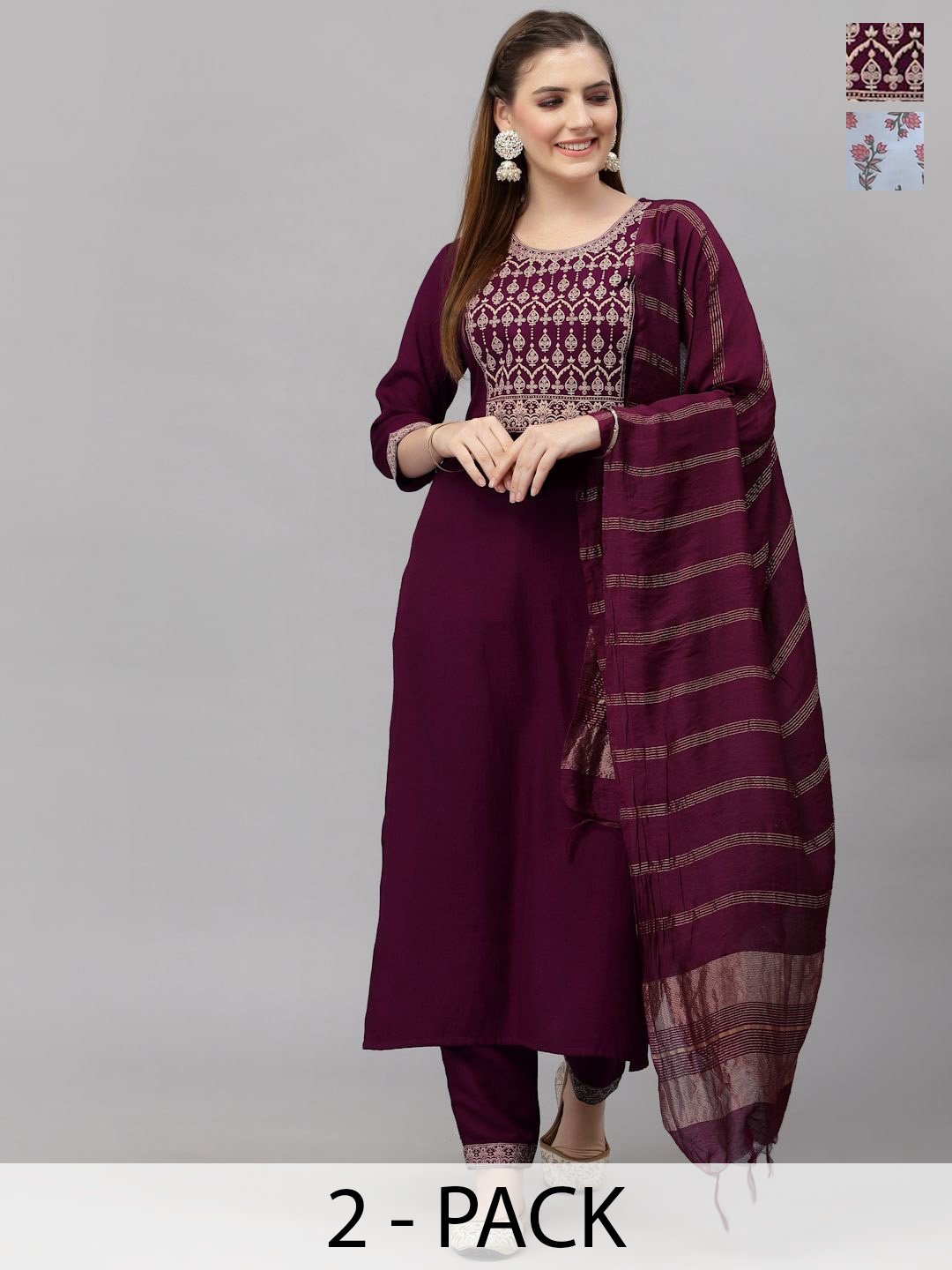 

KALINI Selection Of 2 Ethnic Motifs Printed Straight Kurtas With Trousers & Dupattas, Purple