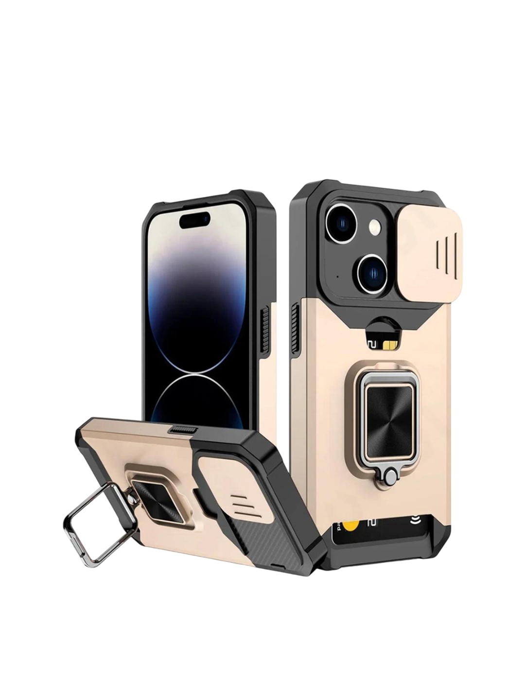 

Luxury Kase LK177 Camera Slide Protection Card Holder Kickstand Solid iPhone 15 Back Case, Gold