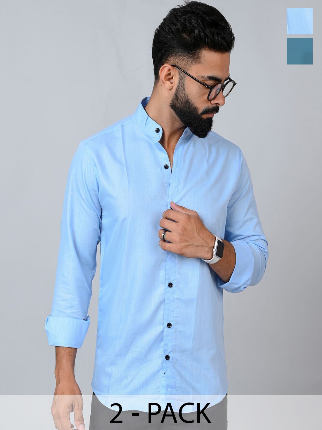 

Tanip Men Pack Of 2 Band Collar Solid Cotton Casual Shirts, Turquoise blue