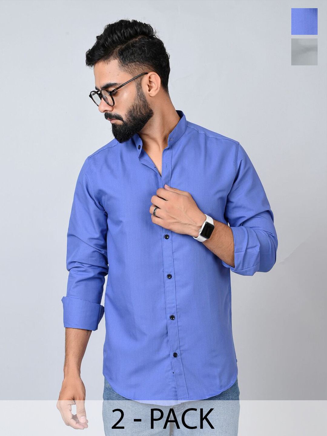 

Tanip Men Pack Of 2 Band Collar Solid Cotton Casual Shirts, Blue