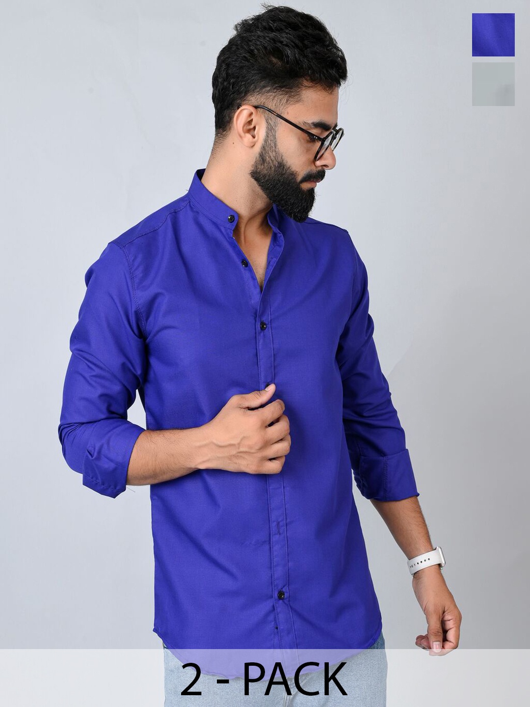 

Tanip Men Pack Of 2 Band Collar Solid Cotton Casual Shirts, Blue