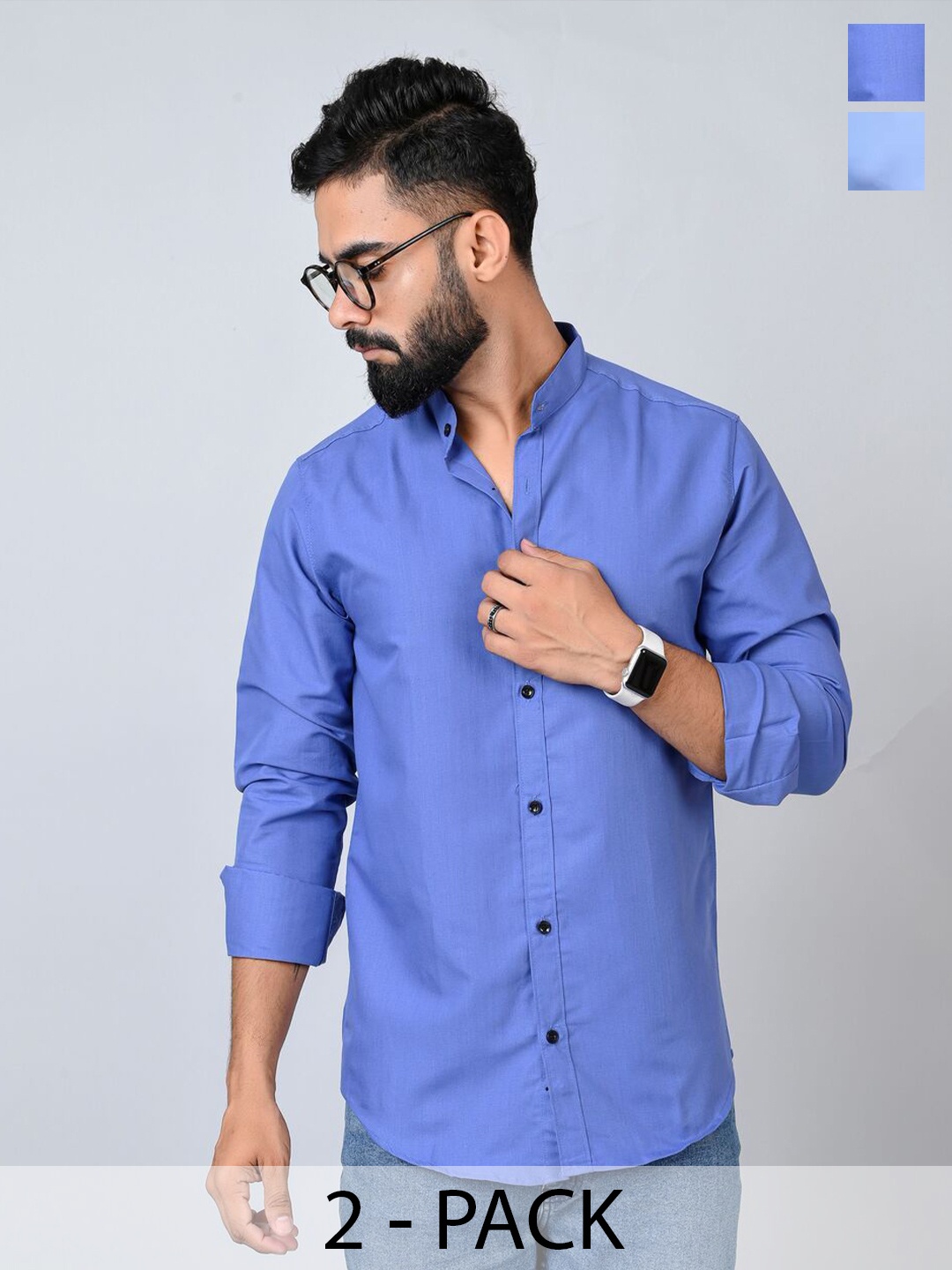 

Tanip Men Pack Of 2 Band Collar Solid Cotton Casual Shirts, Blue