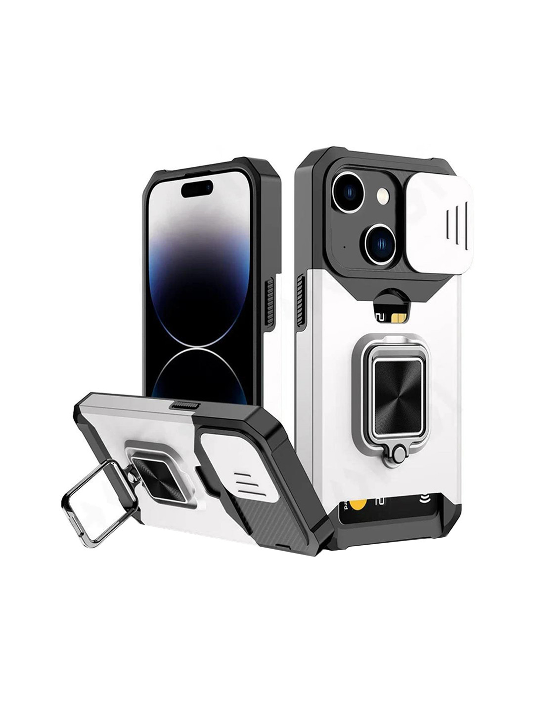 

Luxury Kase LK177 Camera Slide Protection Card Holder Kickstand Solid iPhone 13 Back Case, White