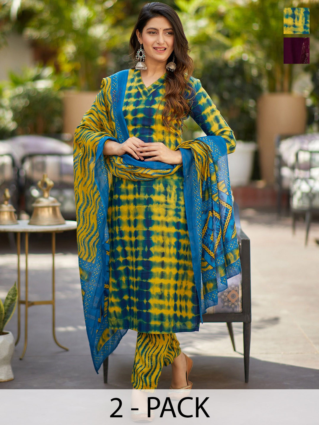 

KALINI Selection Of 2 Abstract Printed V-Neck Straight Kurtas With Trousers & Dupattas, Blue