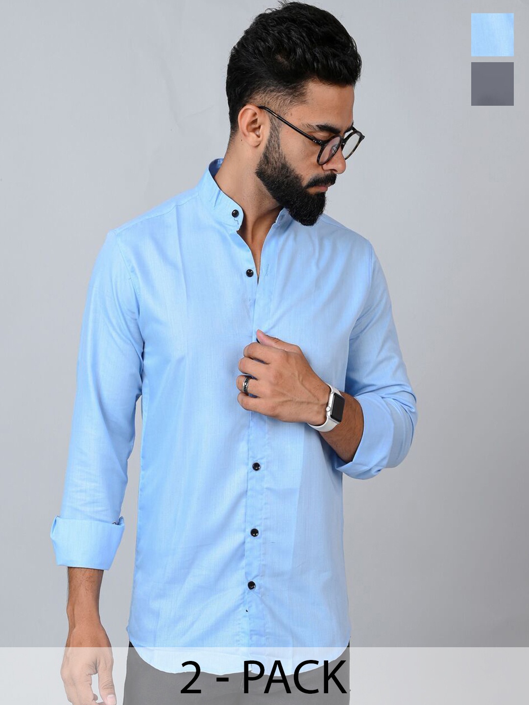

Tanip Men Pack Of 2 Band Collar Solid Cotton Casual Shirts, Grey