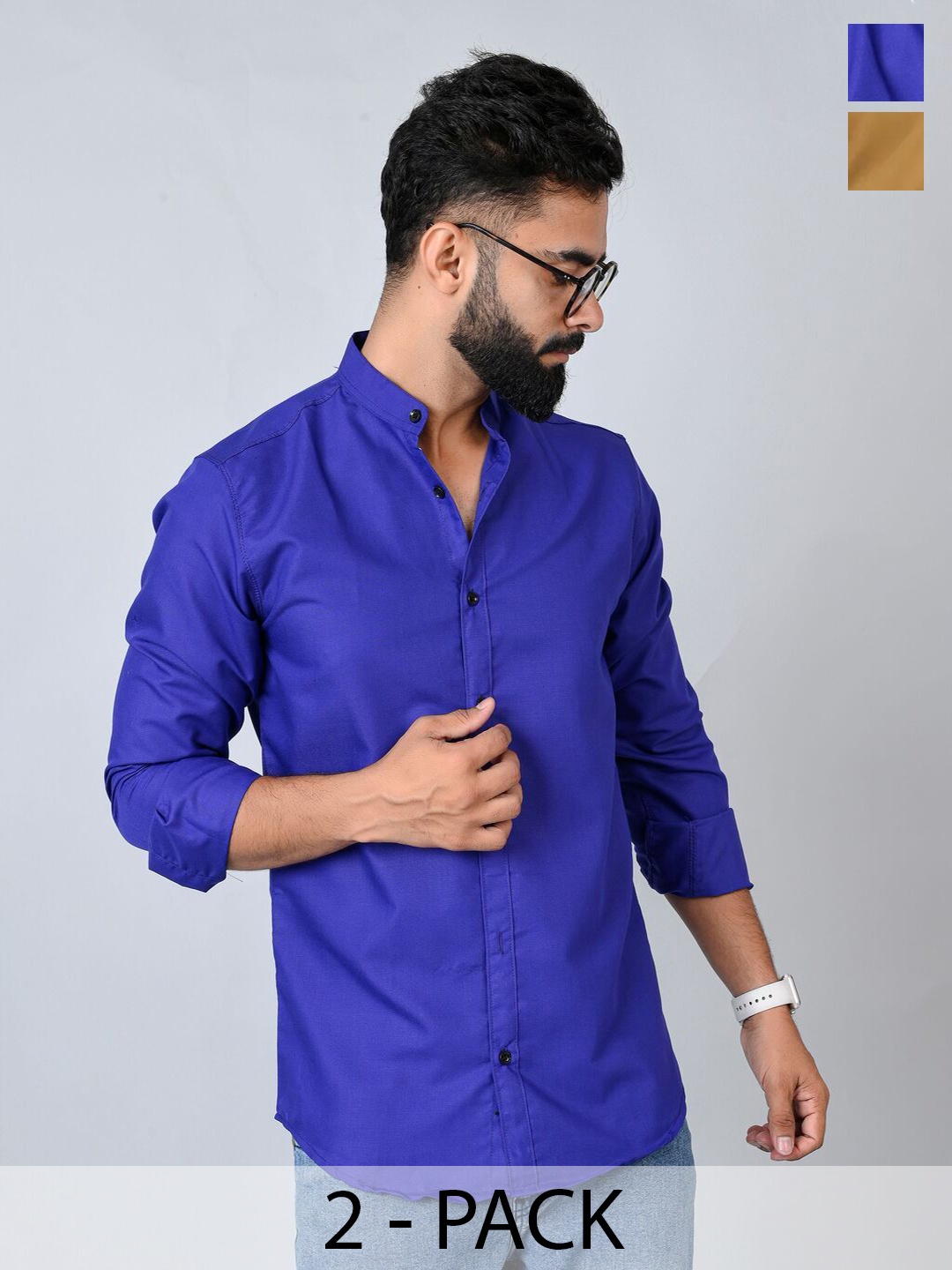 

Tanip Men Pack Of 2 Band Collar Solid Cotton Casual Shirts, Blue