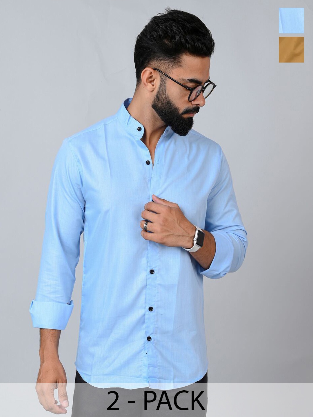 

Tanip Men Pack Of 2 Band Collar Solid Cotton Casual Shirts, Turquoise blue