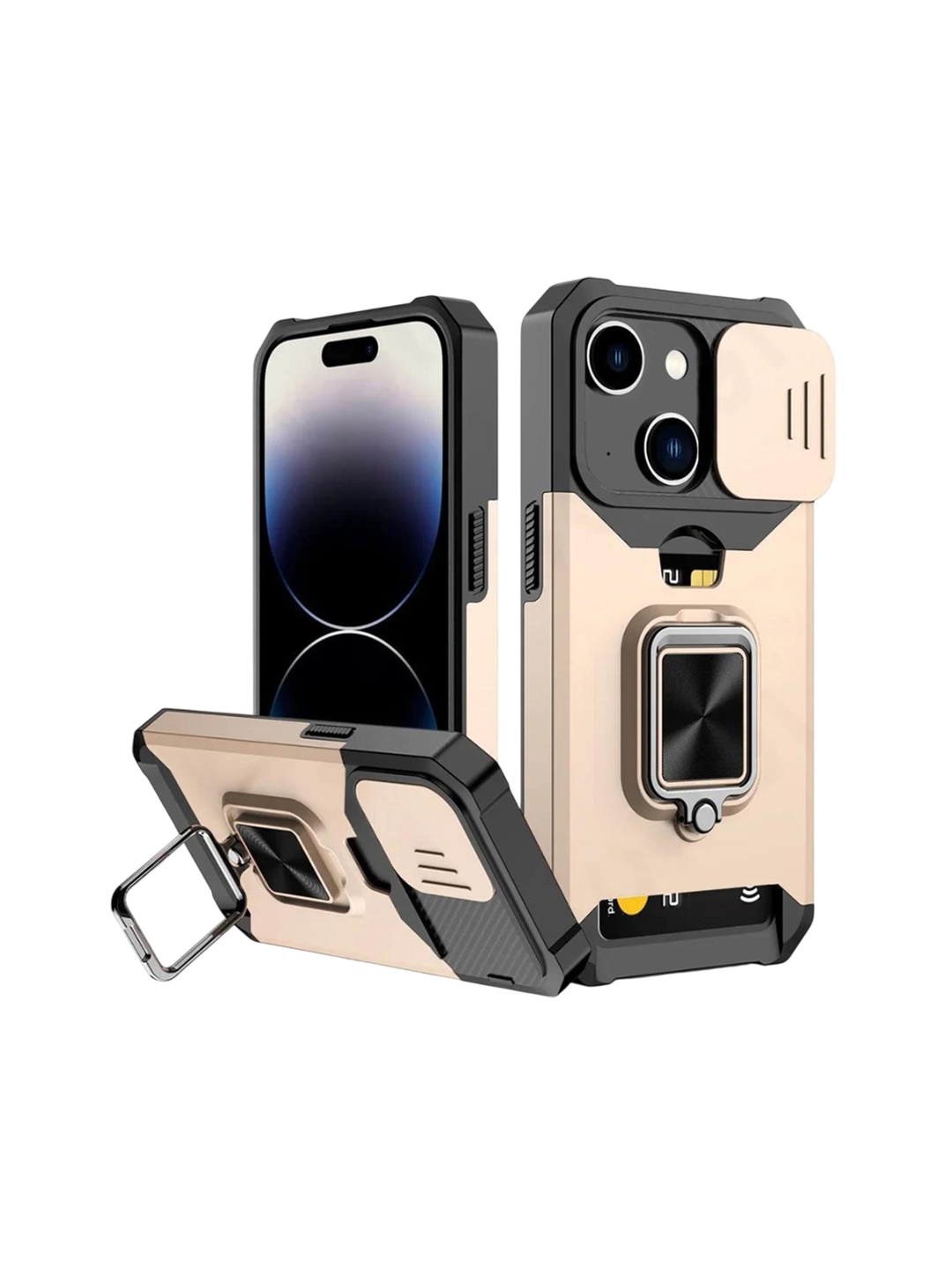 

Luxury Kase LK177 Camera Slide Protection Ring Magnetic Kickstand iPhone 15 Plus Back Case, Gold