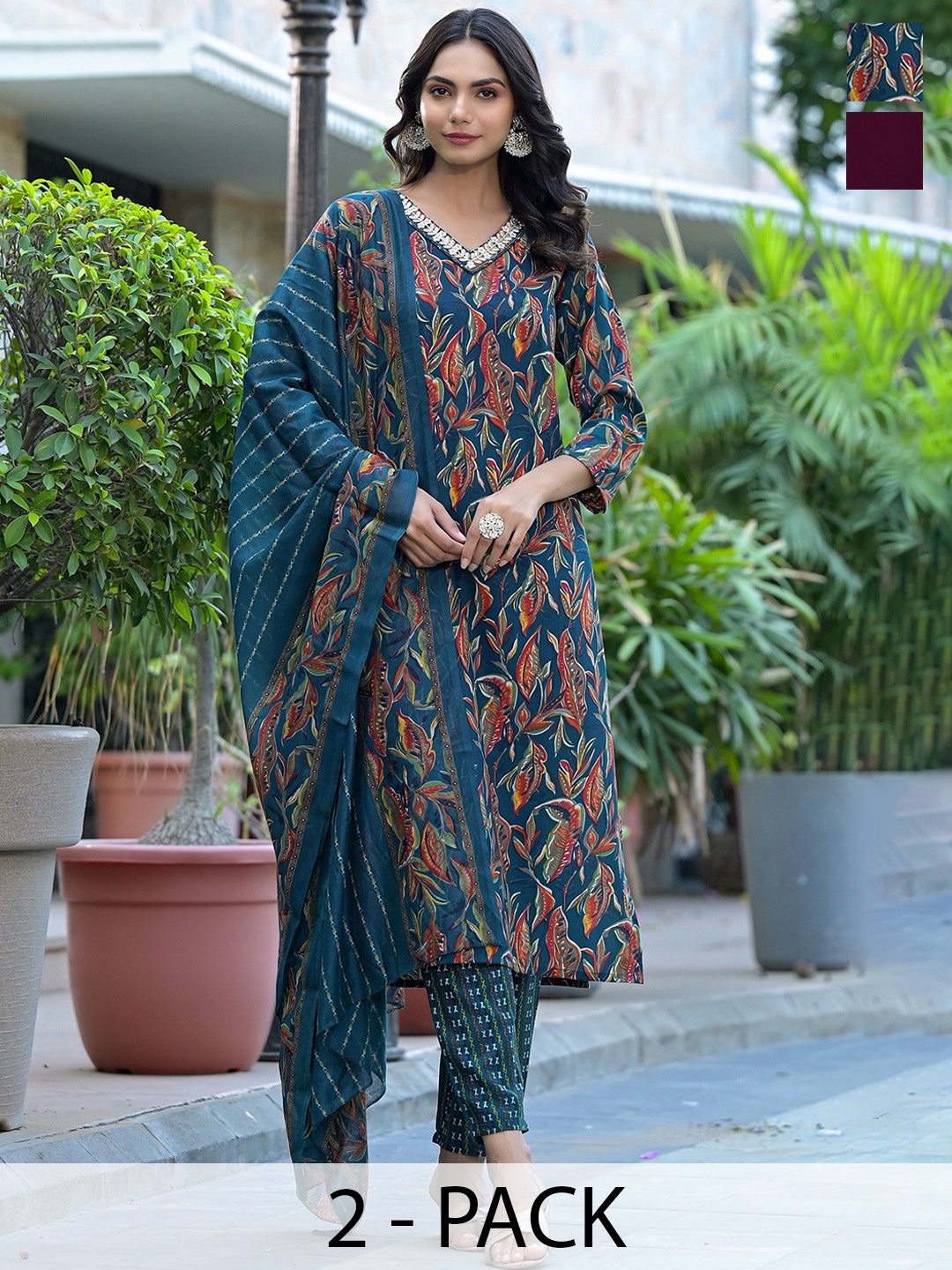 

KALINI Selection Of 2 Floral Printed V-Neck Straight Kurtas With Trousers & Dupattas, Maroon