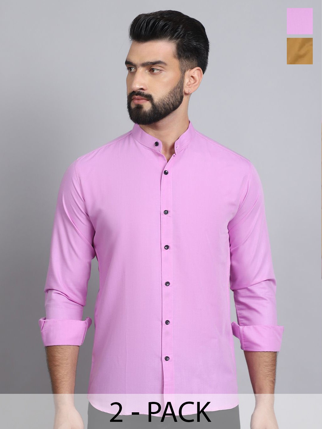 

Tanip Men Pack Of 2 Band Collar Solid Cotton Casual Shirts, Pink